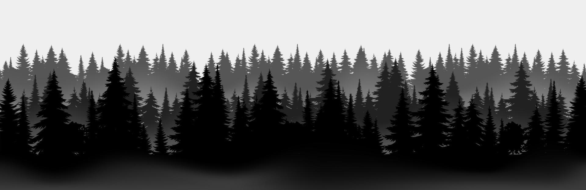 Vector mountains forest black silhouette background texture, of coniferous forest, vector. Season trees spruce, fir. Hiking vacation tourism. Horizontal landscape