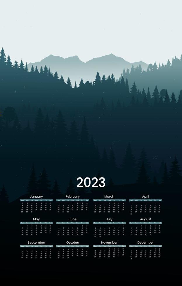 cartel de un calendario para el año 2023. silueta de paisaje de bosque de montaña, niebla o niebla en el bosque. plantilla de planificador mensual de concepto de viaje. diseño imprimible. horario diario para la oficina. vector