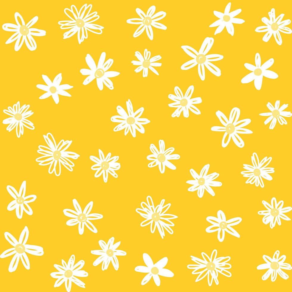 Chamomile floral pattern in small white flowers. Floral seamless background of daisy for fashion prints. Seamless vector texture. Spring bouquet in sketch style on yellow