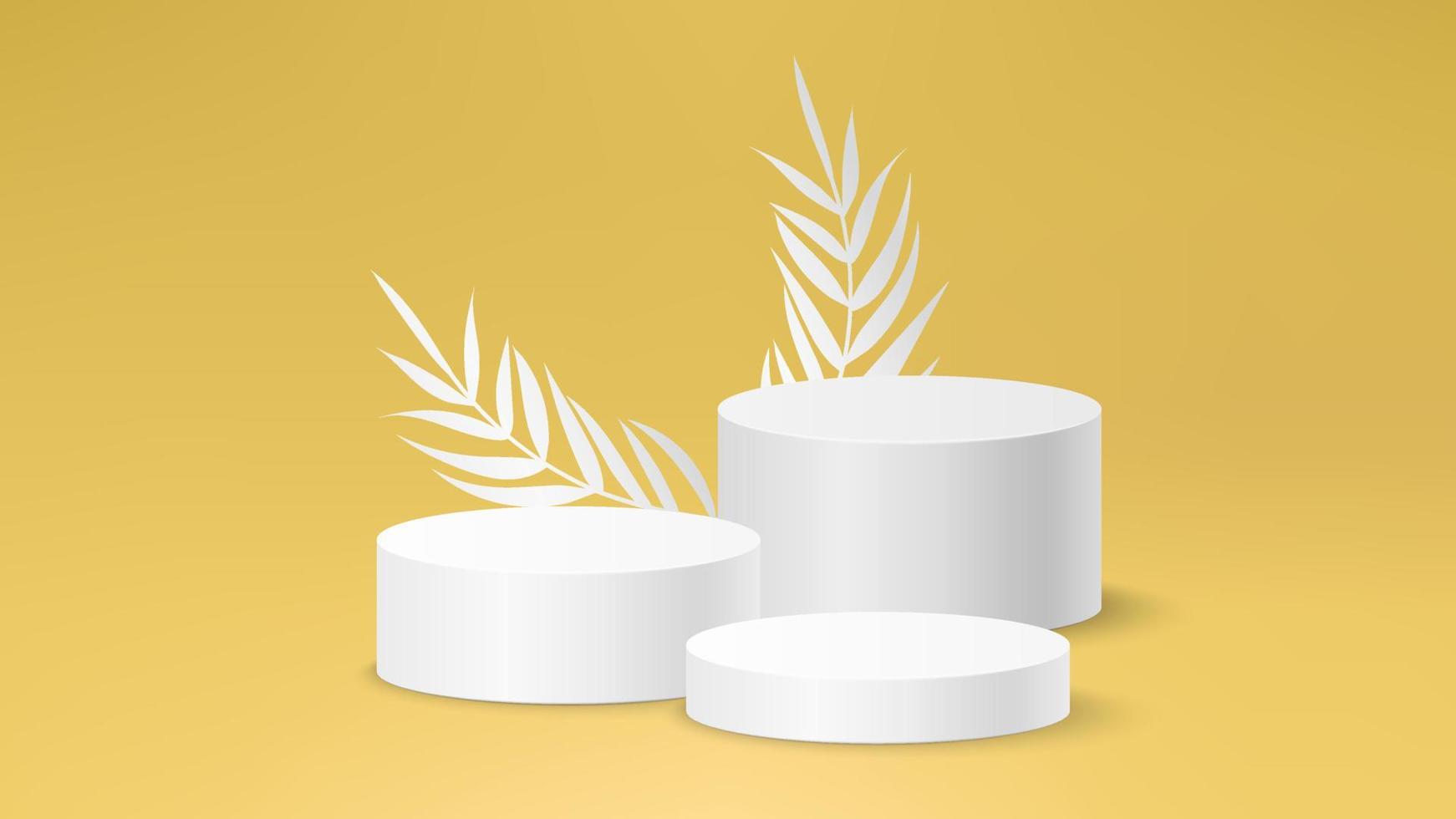 White and yellow 3d background product display podium scene with leaf geometric platform. Stand to show cosmetic product. Realistic paper leaves stage showcase on pedestal display pastel backdrop. vector