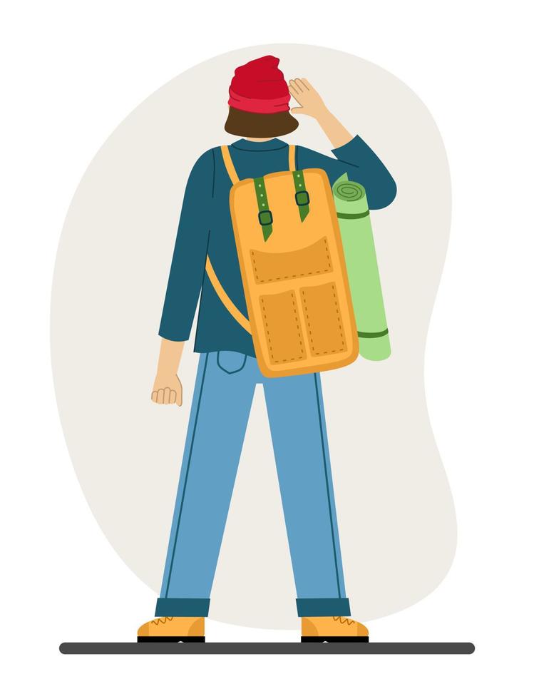 Man traveler is engaged in hiking Hiking with a backpack A tourist in the mountains Vector illustration