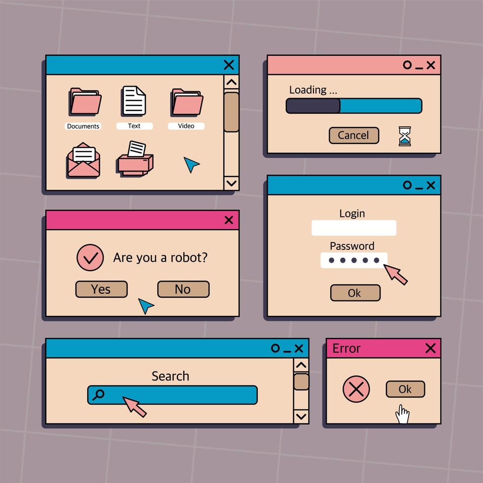 A set of user interface elements, UI and UX themes. In the vaporwave style of the 80-90s, retro collage. Vector illustration of windows and icons .