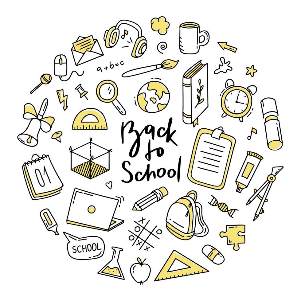 Back to school doodle set of elements. Vector illustration in line style.