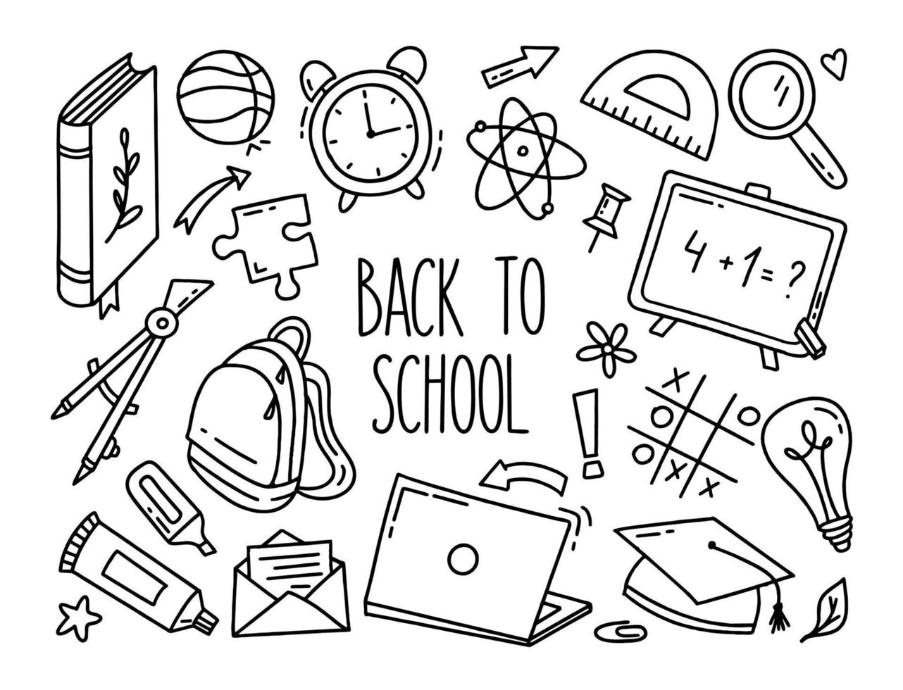 Back to school doodle set of elements. Vector illustration in line style.