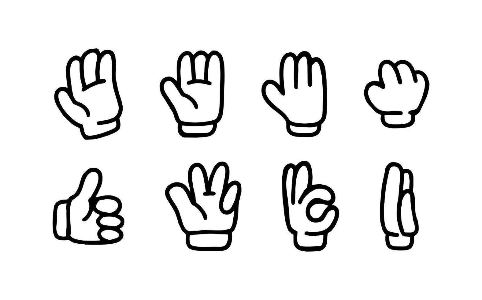 A set of retro hand gloves from cartoons of the 30s. Vintage comic smile black and white vector illustration