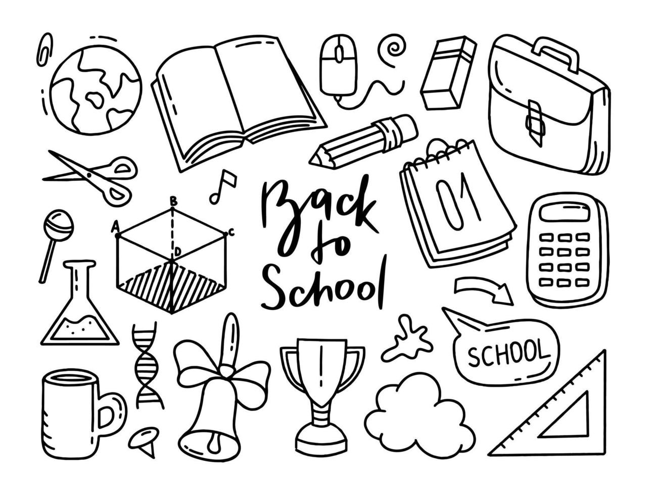 Back to school doodle set of elements. Vector illustration in line style.