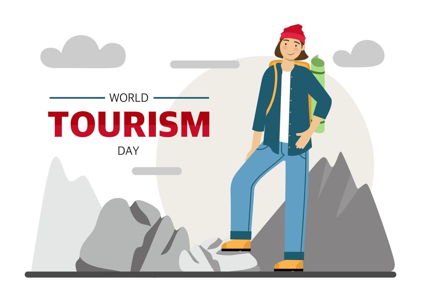 cartel del día mundial del turismo para las vacaciones. un viajero masculino se dedica a hacer senderismo con una mochila un turista en la ilustración vectorial de las montañas vector