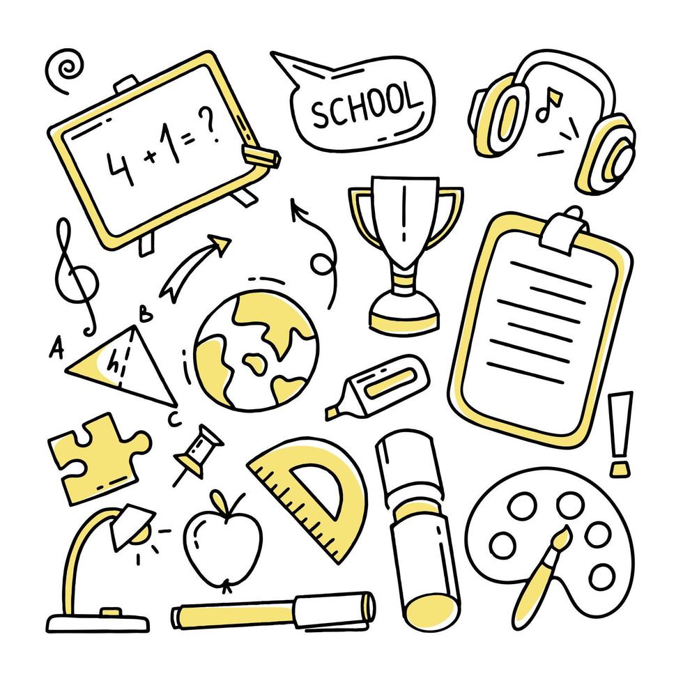 Back to school doodle set of elements. Vector illustration in line style.