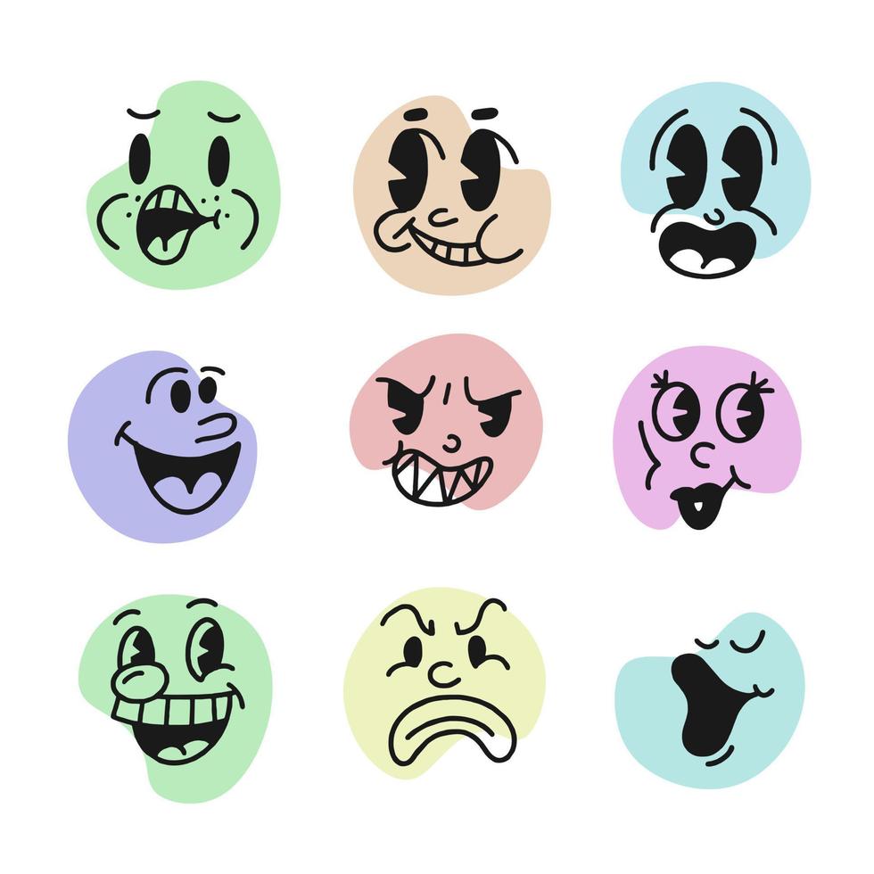 emoji retro de cara sonriente. caras de personajes de dibujos animados de los años 30. Ilustración de vector de sonrisa cómica vintage