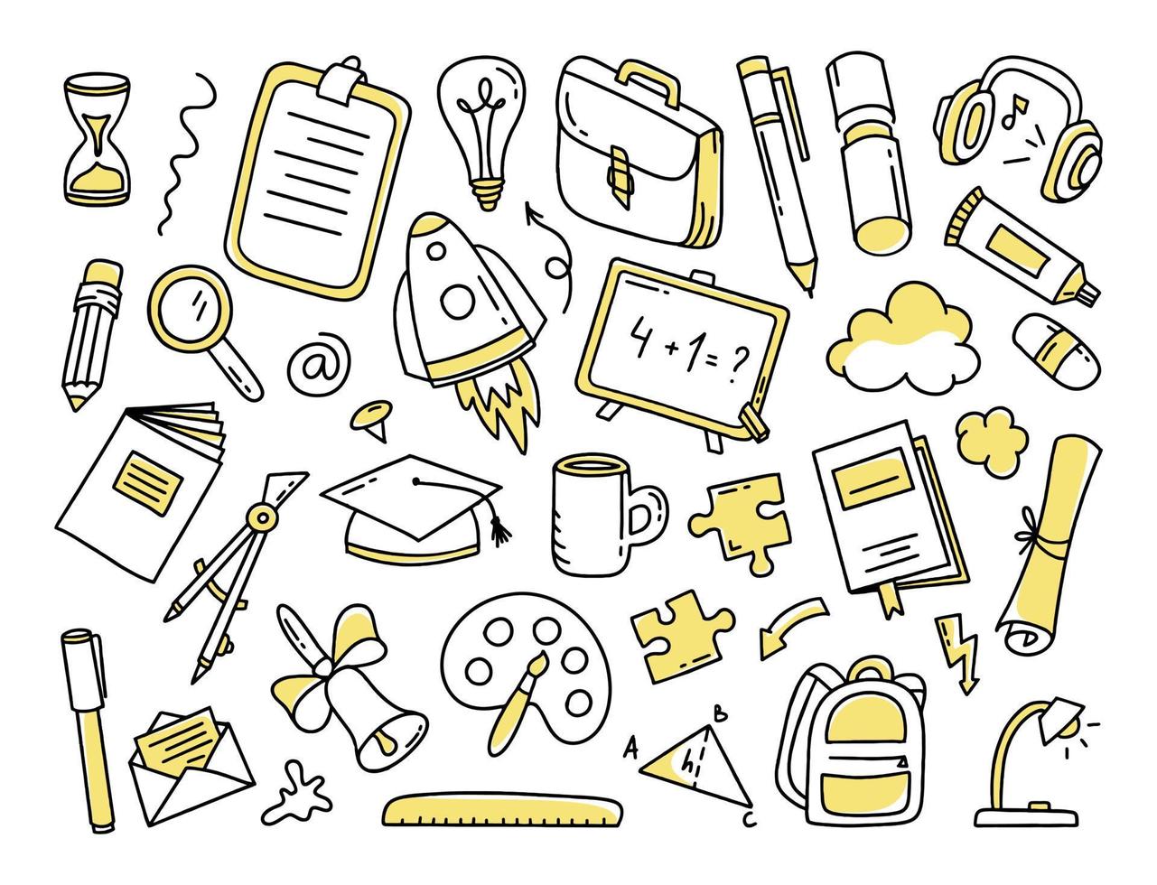 Back to school doodle set of elements. Vector illustration in line style.