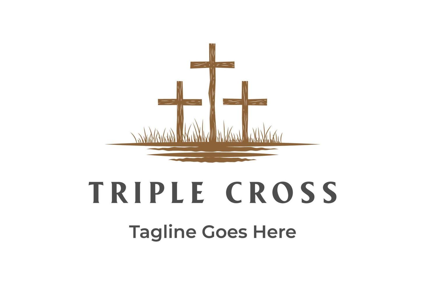 Retro Vintage Jesus Cross Two Thieves Christian Church Logo Design Vector