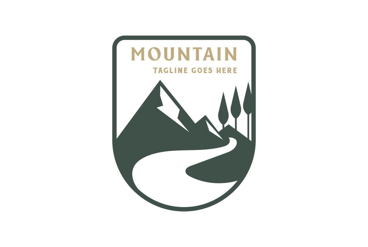 bosque de montaña vintage con arroyo de río o camino sinuoso camino de la calle insignia emblema etiqueta logotipo diseño vector