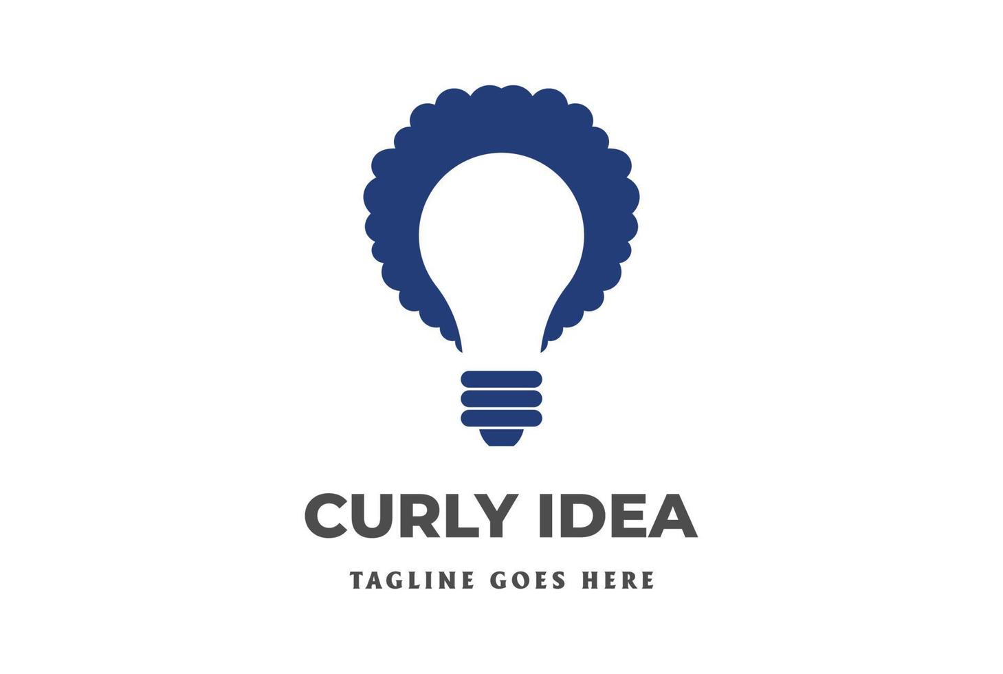cabello rizado inteligente minimalista simple con bombilla de luz para vector de diseño de logotipo de innovación de idea inteligente