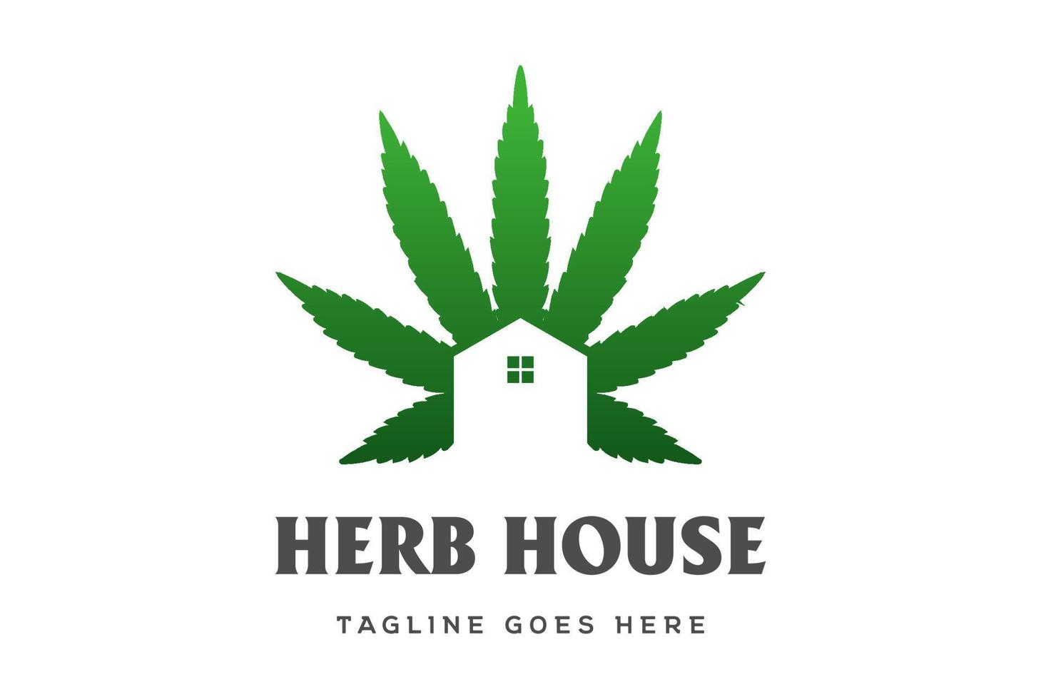 Simple Marijuana Cannabis Ganja Leaf with House for Hemp CBD Oil Logo Design Vector