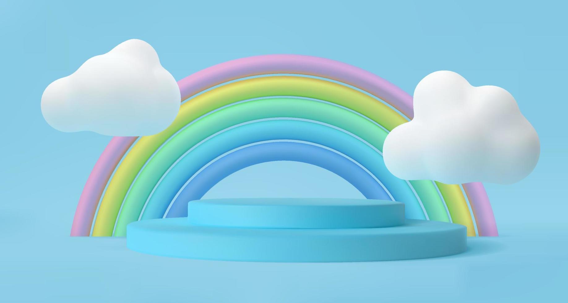 podio con vector de arco iris y nubes. lindo fondo para el diseño de los niños. ilustración festiva para baby shower