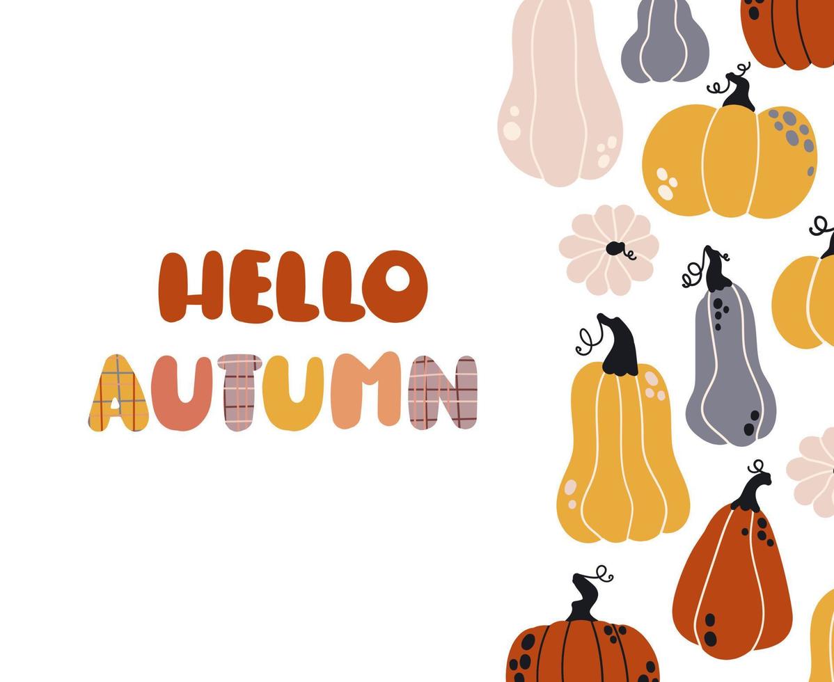 bonita tarjeta de bienvenida hola otoño. patrón de calabaza vector