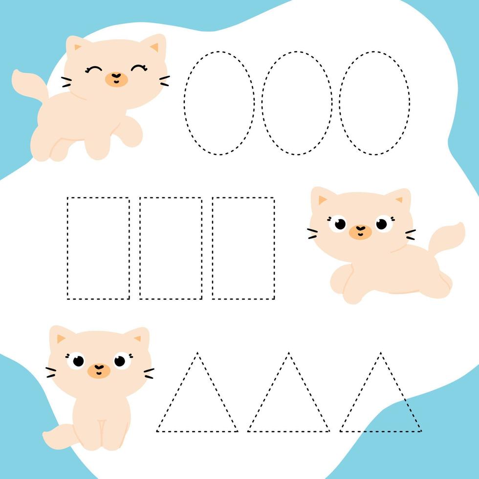 practicar escritura a mano con gatitos. óvalos, rectángulos y triángulos punteados vector