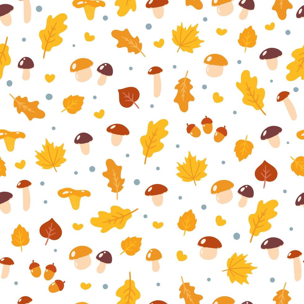 Seamless autumn pattern with mushrooms and leaves on a white background. vector