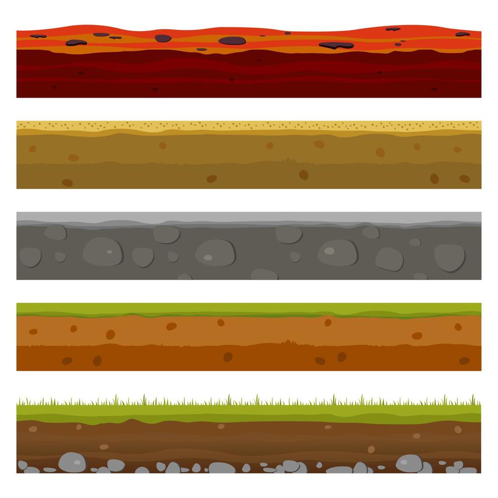 Soil, earth and underground layers, cartoon seamless game levels. Vector cross section view of natural earth texture with mud, pebbles, green grass and water.