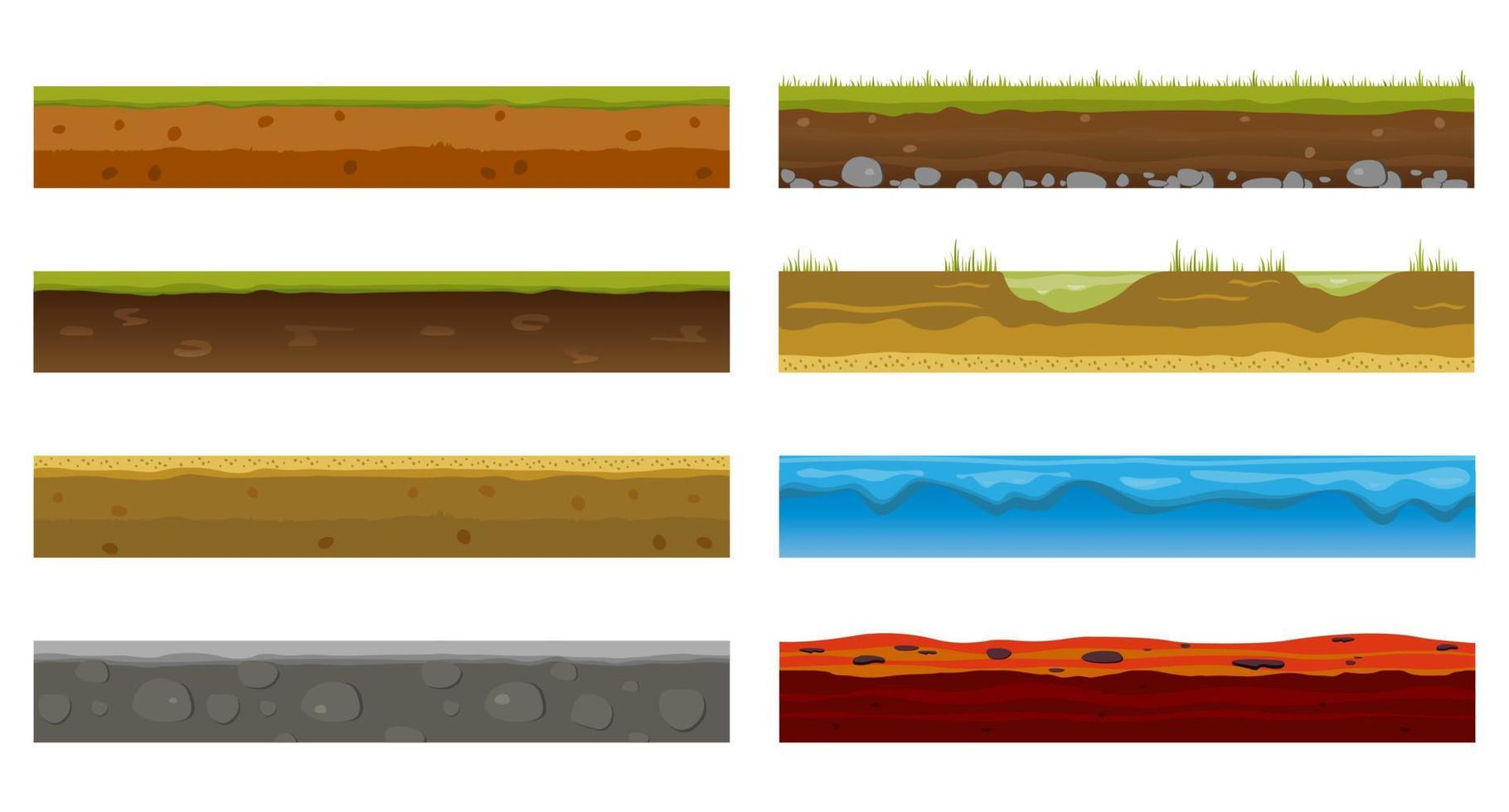 superficie de la tierra sin fisuras. paisaje de tierra de hierba verde, desierto de arena y playa de agua de mar. textura de capas de suelo para el diseño de niveles de juego, conjunto de telas vectoriales de dibujos animados aislados. vector