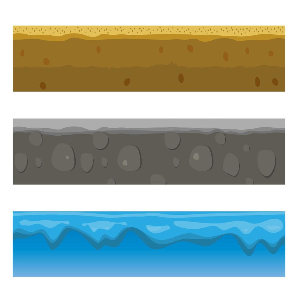 Soil, ground, and underground layers, cartoon seamless game levels. Vector cross-section view of natural earth texture with mud, pebbles