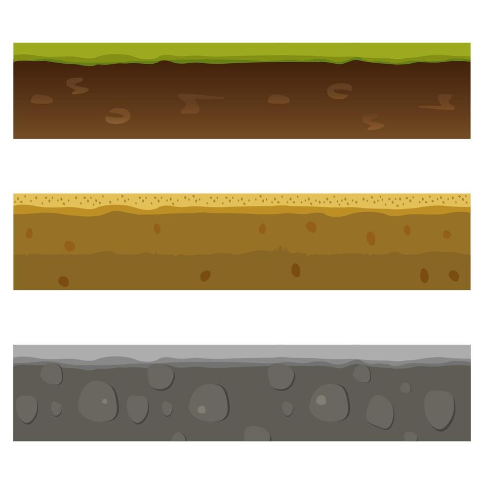 Soil, ground, and underground layers, cartoon seamless game levels. Vector cross-section view of natural earth texture with mud, pebbles.