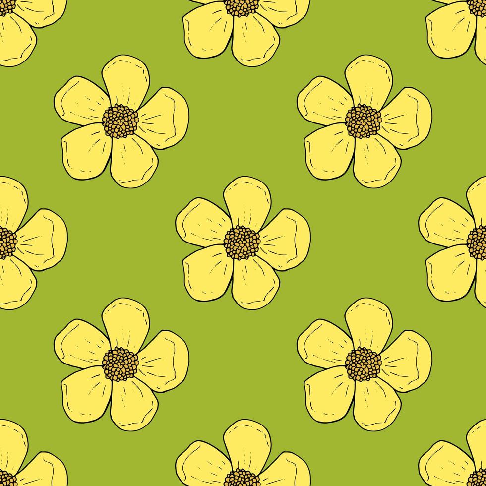 Seamless pattern with yellow buttercups on bright green background for fabric, textile, clothes, tablecloth and other things. Vector image.
