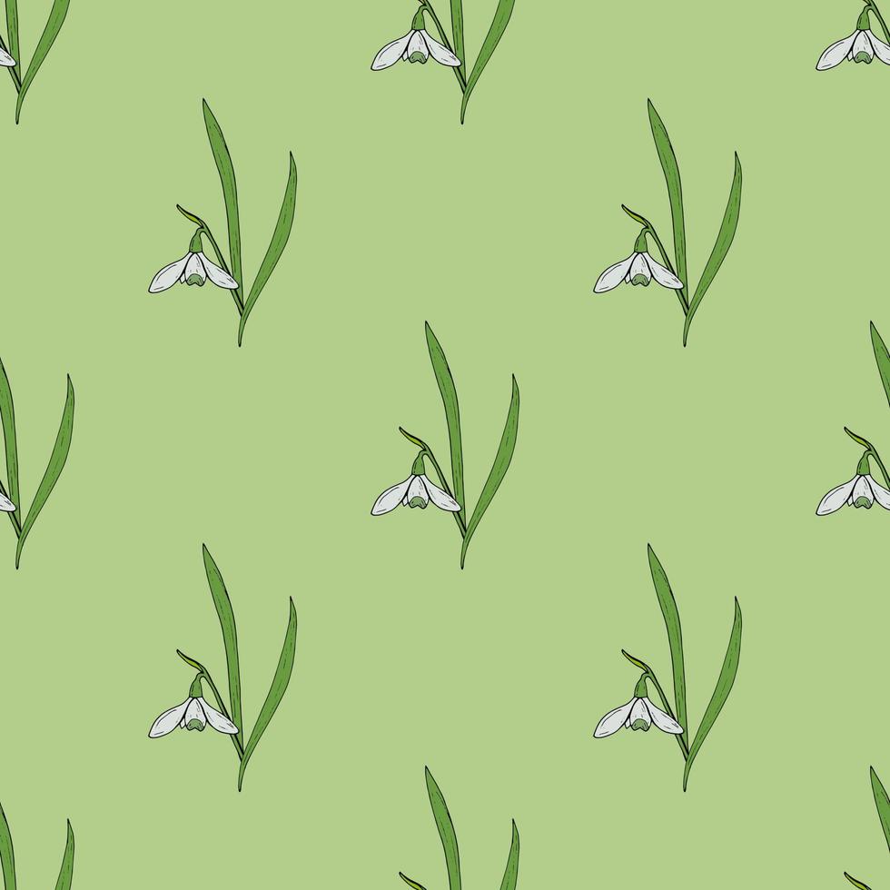 Seamless pattern with positive snowdrops on light green background. Vector image.