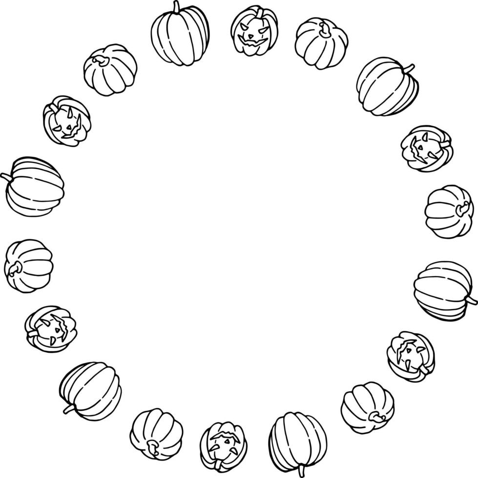 Round frame with black-and-white different pumpkin for Halloween. Vector image.