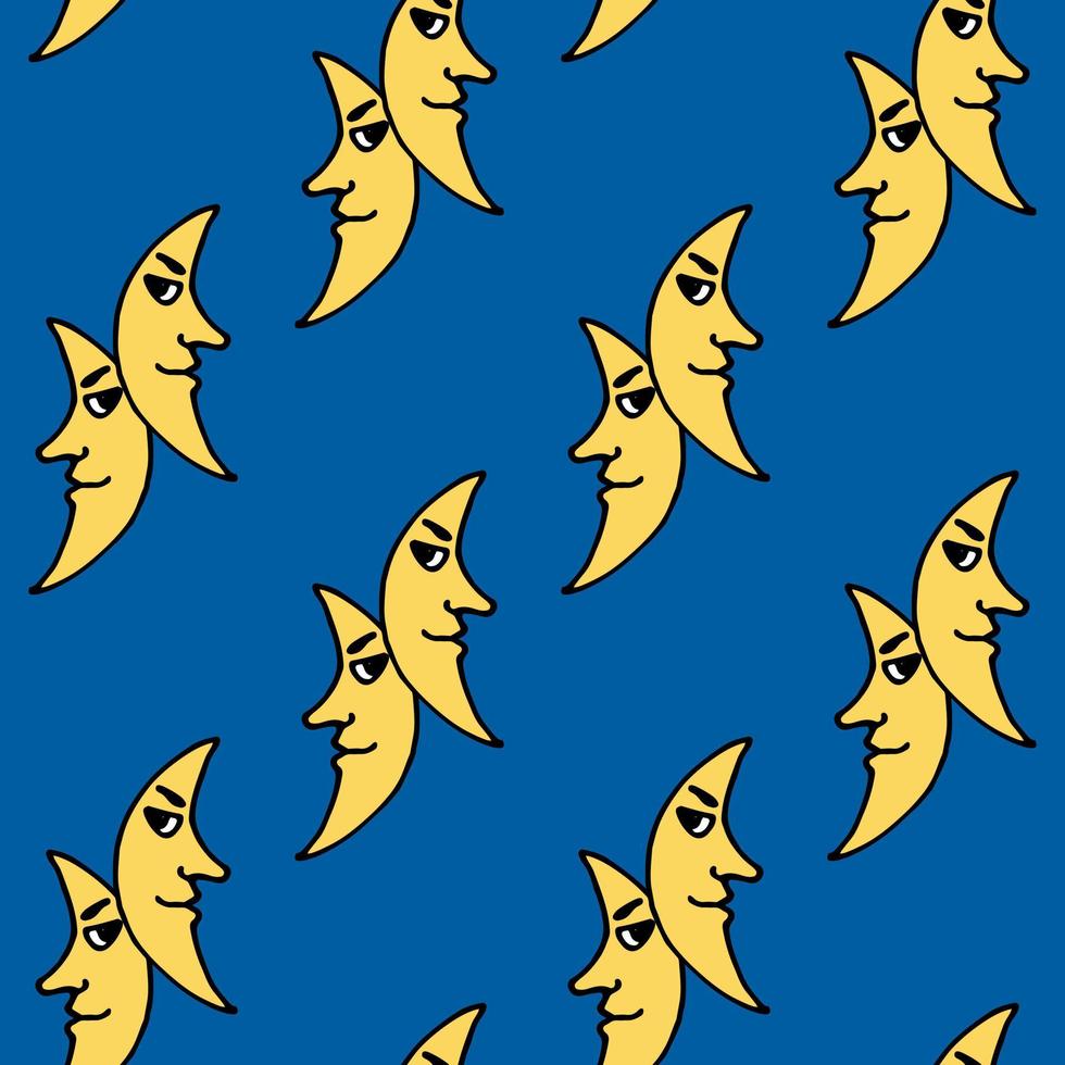 Seamless pattern with moon on bright blue background. Vector image.