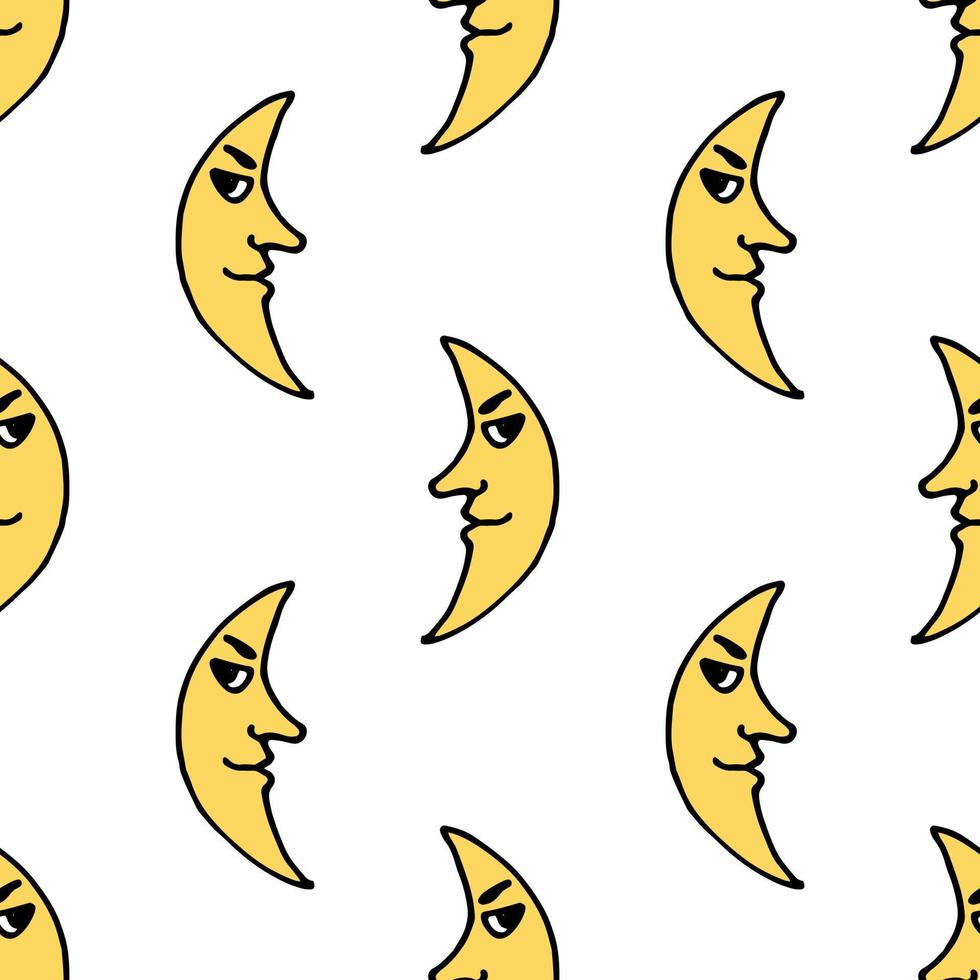 Seamless pattern with yellow moon on white background. Vector image.