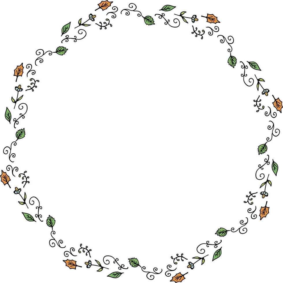 Round frame with chamomile, leaves and decorative elements on white background. Vector image.