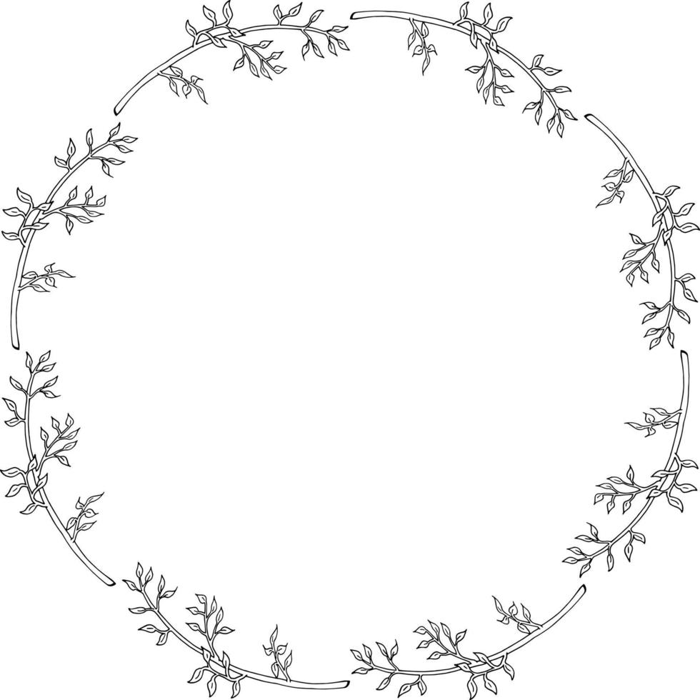Round frame with branches on white background. Vector image.