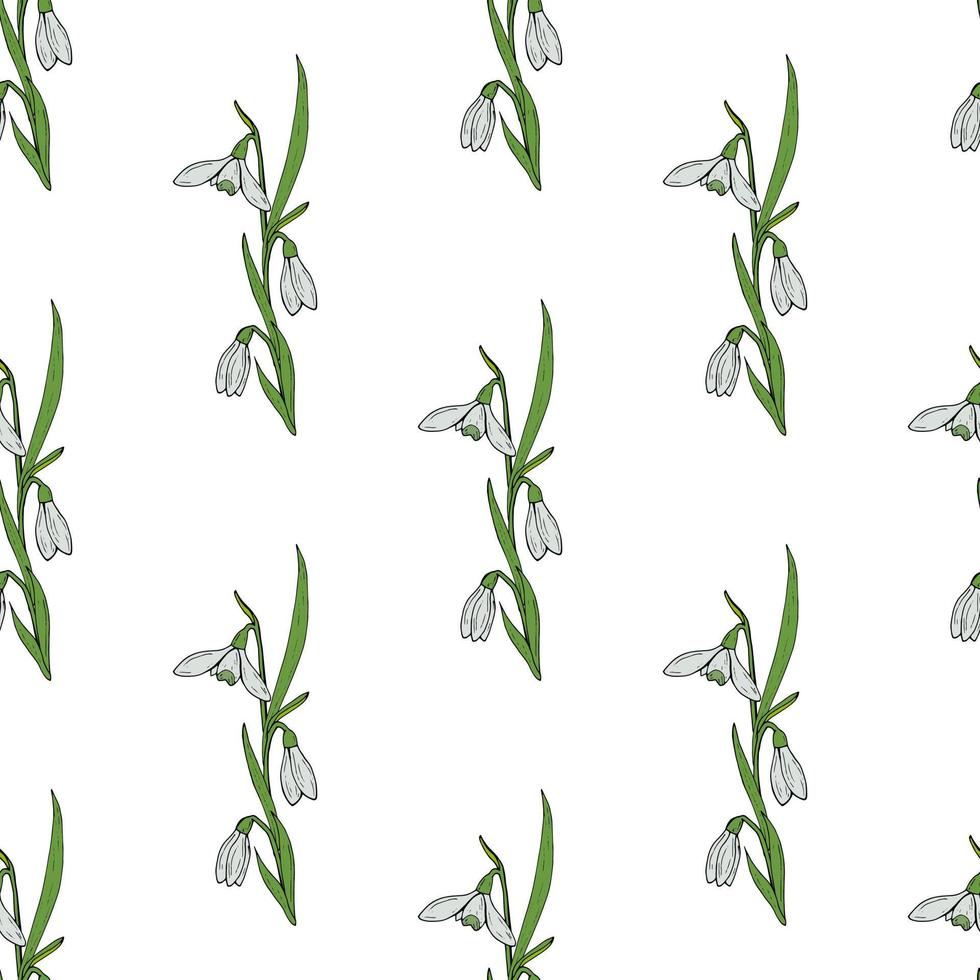 Seamless pattern with creative spring snowdrops on white background. Vector image.
