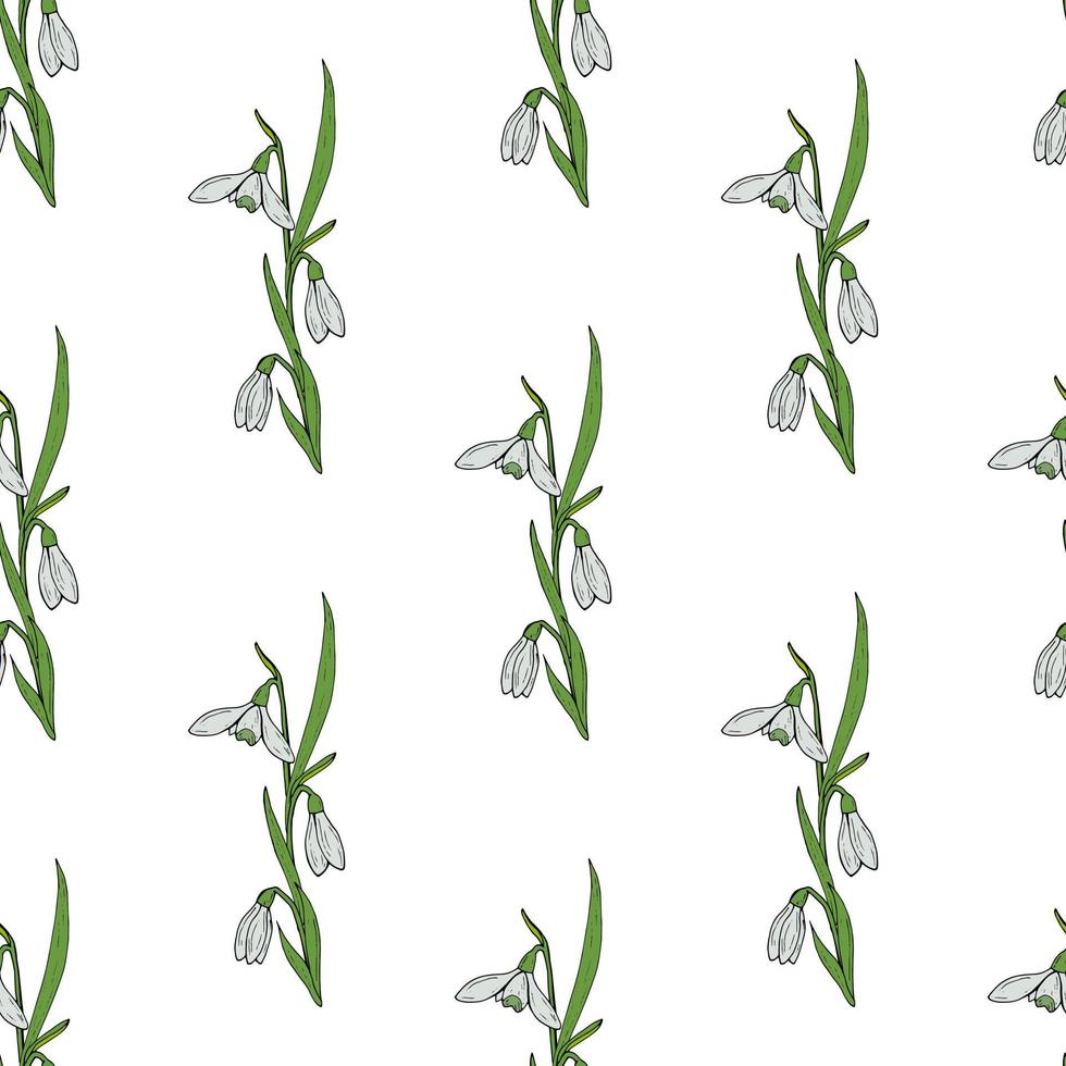 Seamless pattern with creative spring snowdrops on white background. Vector image.