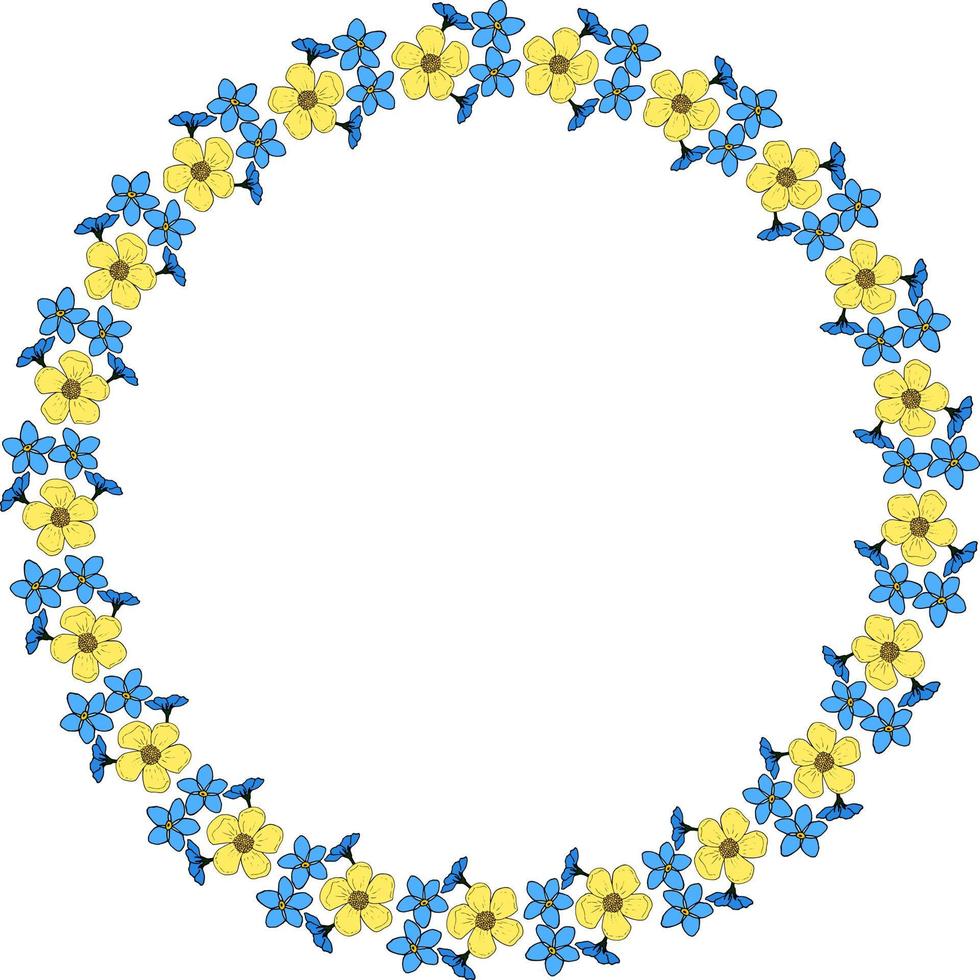 Round frame with buttercups and flowers forget-me-not on white background. Vector image.