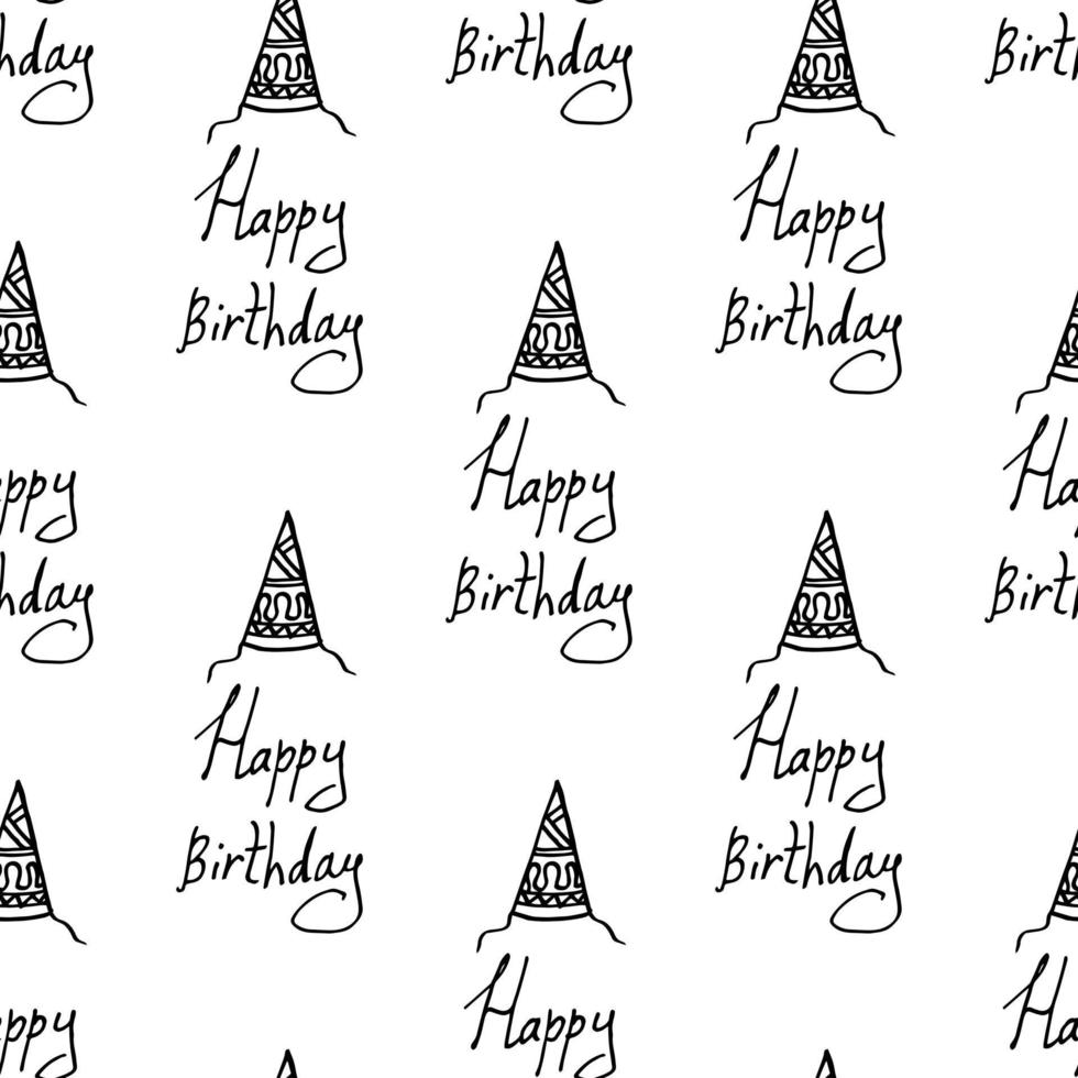 Seamless pattern with the words Happy Birthday on white background. Vector image.