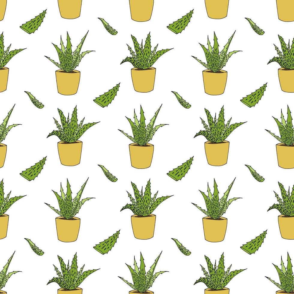 Seamless pattern with creative Aloe vera. Doodle style. Vector image.