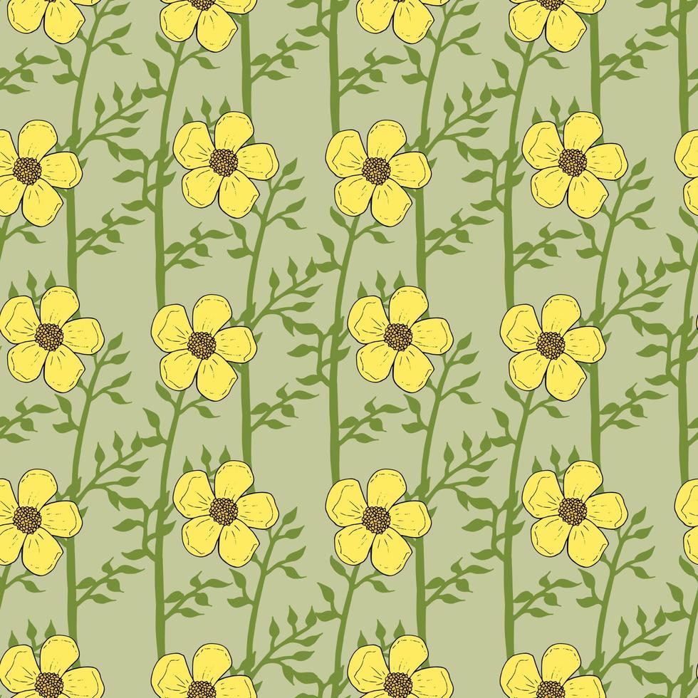 Seamless pattern with buttercups and green branches on light green background. Vector image.