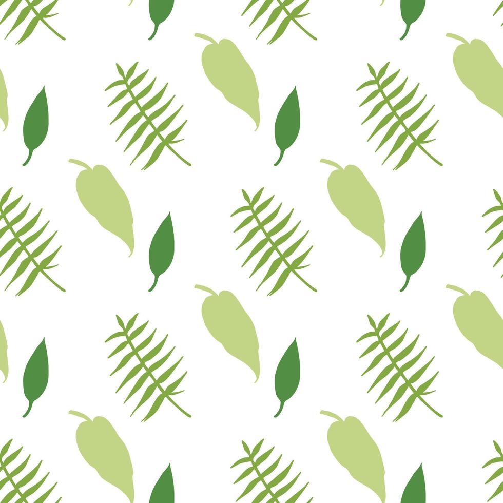 Seamless pattern with stylish green leaves silhouettes on white background. Vector image.
