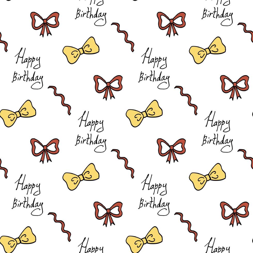 Seamless pattern with the words Happy Birthday and bowknot on white background. Vector image.