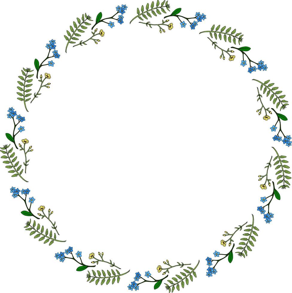 Round frame with creative buttercups and flowers forget-me-not on white background. Vector image.