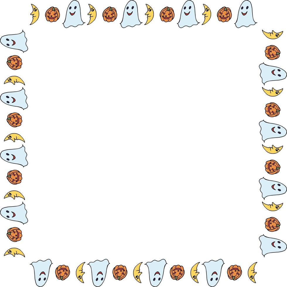 Square frame with ghost, pumpkin and moon for Halloween. Vector image.