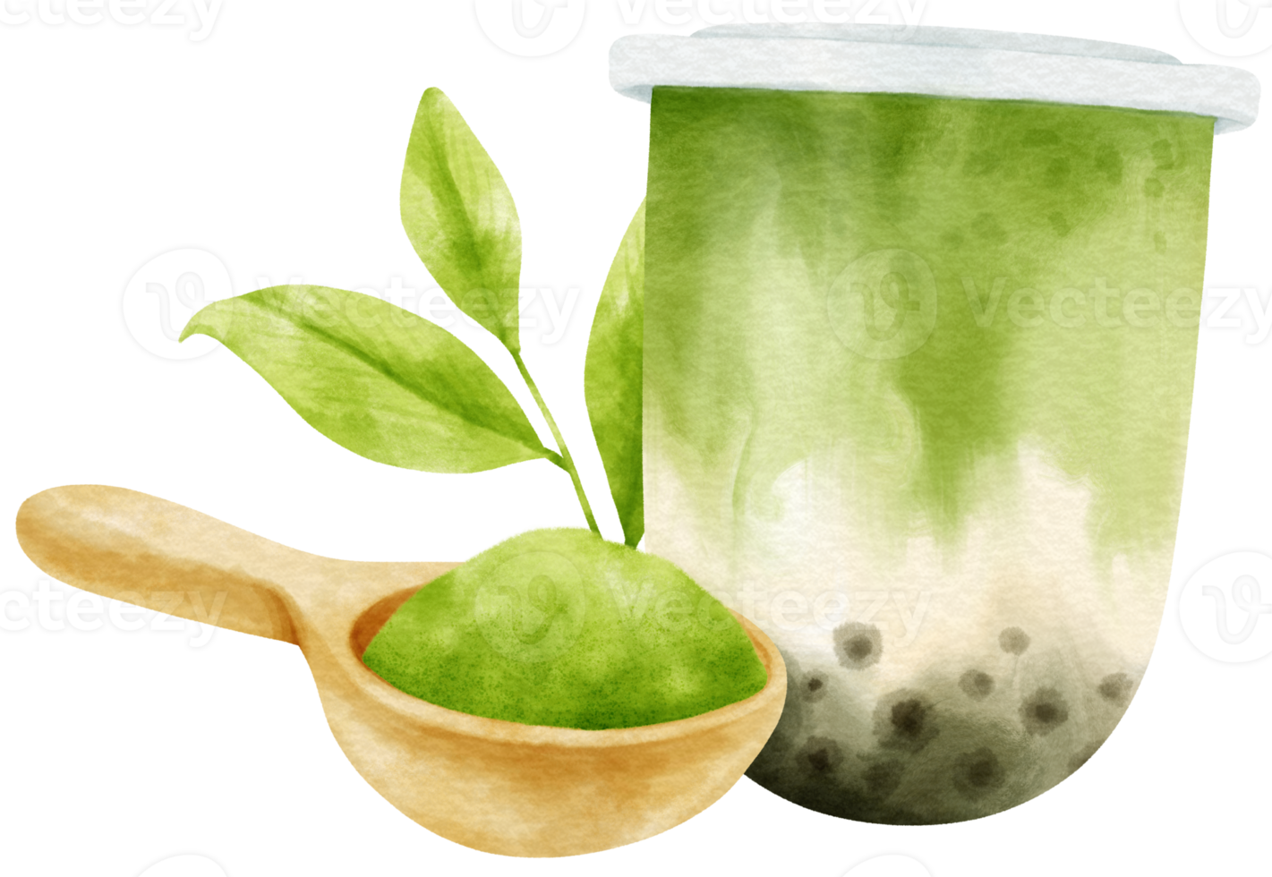 matcha latte milk tea with bubble composition watercolor png