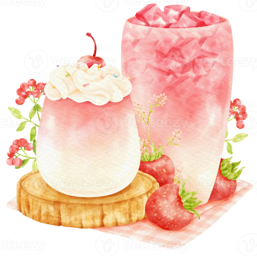 batido de fresa bebida composición acuarela png