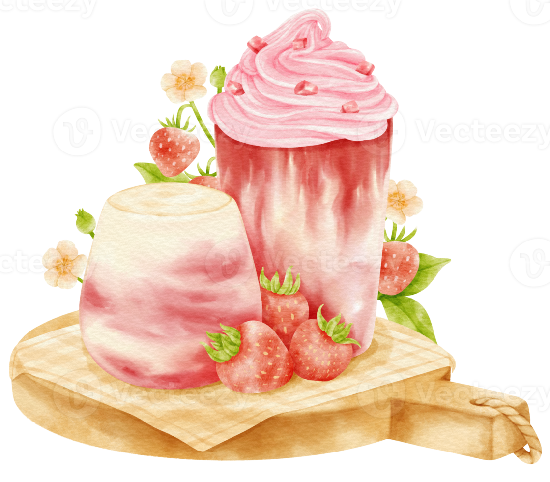 cute strawberry drink composition watercolor png