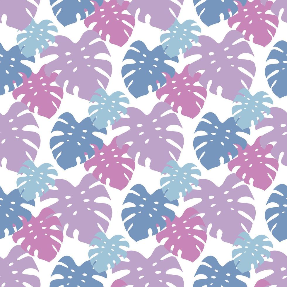 Seamless pattern with stylish light pink, violet and blue leaves silhouettes on white background. Vector image.