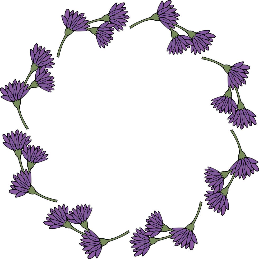Round frame with summer violet flowers on white background. Vector image.