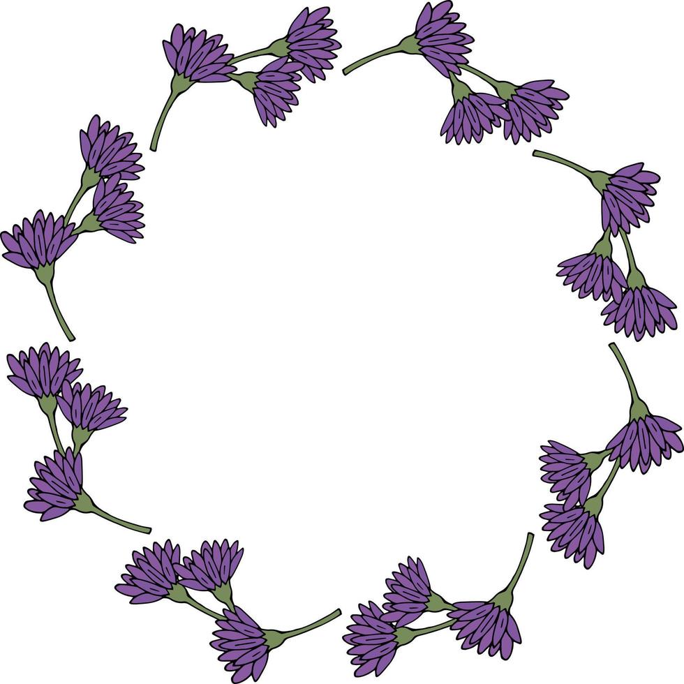 Round frame with summer violet flowers on white background. Vector image.