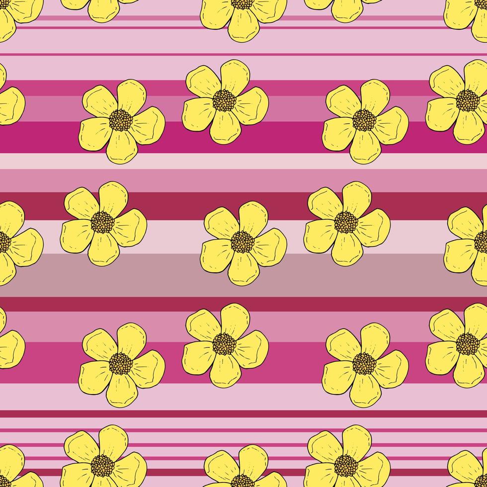 Seamless pattern with kawaii yellow buttercups on pink background for fabric, textile, clothes, tablecloth and other things. Vector image.